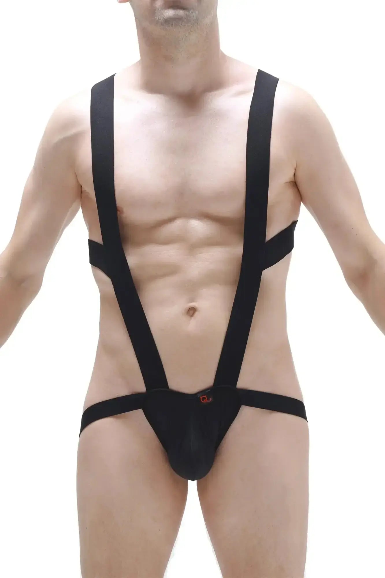 Petitq bodyjockstrap black ardun black suspenders-style bodysuit with snug fit and small red logo on front