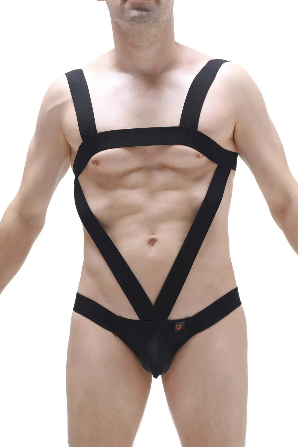 Black strappy harness-style bodysuit by petitq featuring a bold geometric design in black for edgy fashion