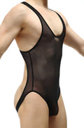 Petitq bodyjockstrap perruel net black sheer mesh one-piece swimsuit with black trim and red logo on shoulder