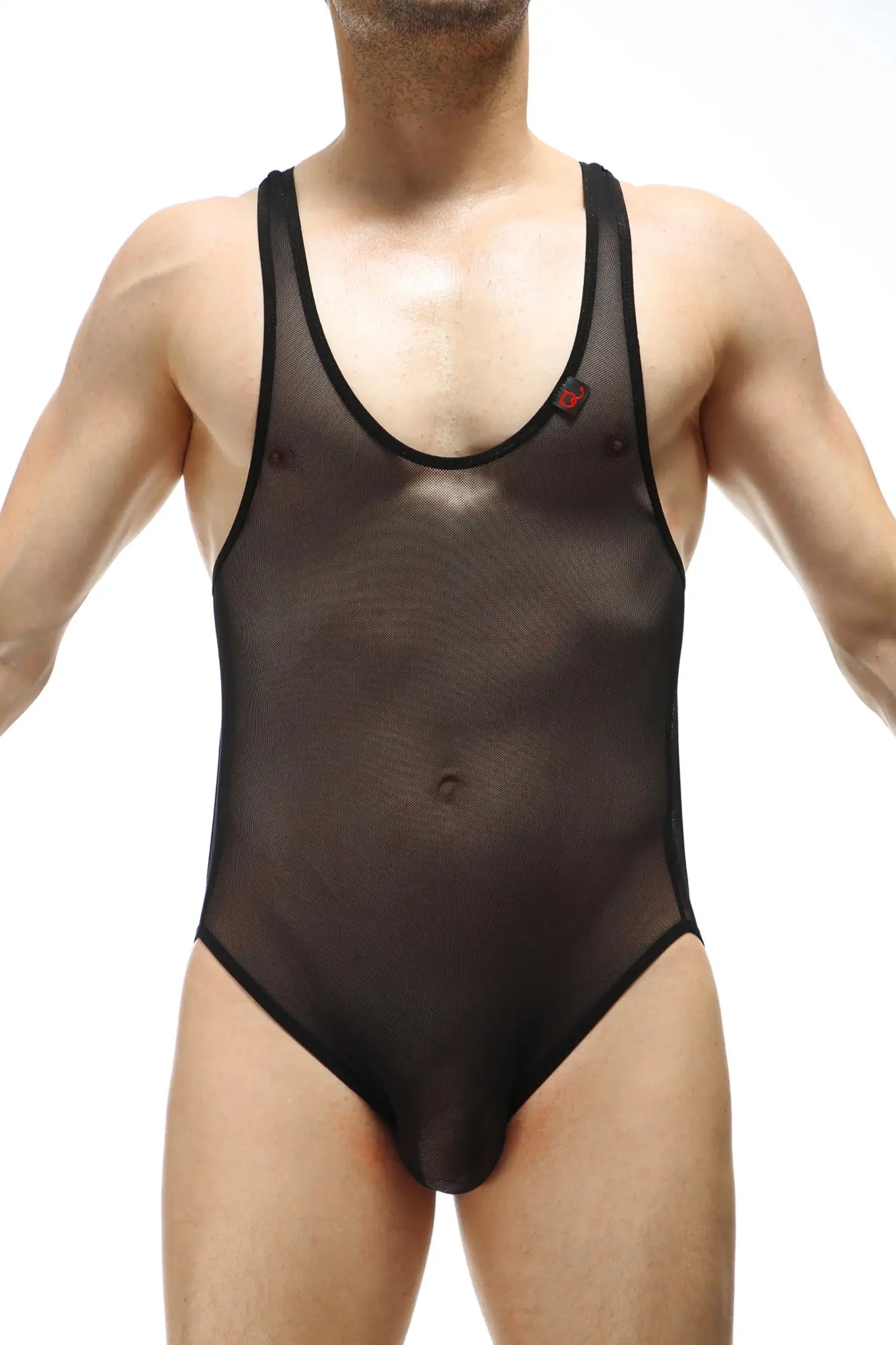 Black sheer mesh one-piece swimsuit with black trim and red logo by petitq bodyjockstrap perruel net black
