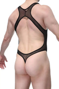 Black mesh petitq bodystring abos one-piece swimsuit with cutout back design shown from the back side