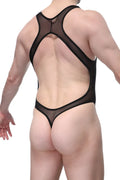Black mesh petitq bodystring abos one-piece swimsuit with cutout back design shown from the back side