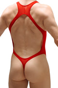 Red form-fitting one-piece swimsuit with racerback and thong bottom shown from the back petitq bodystring abos red