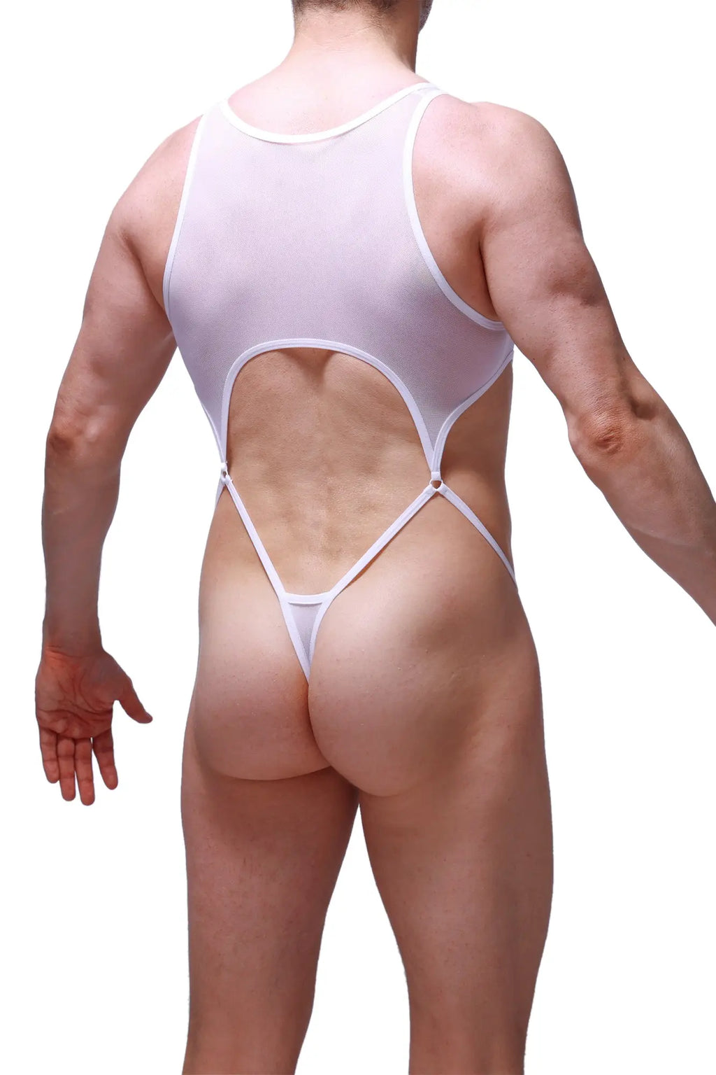 White sheer one-piece swimsuit with cutout back and thin straps by PetitQ Bodystring Naves White shown from back