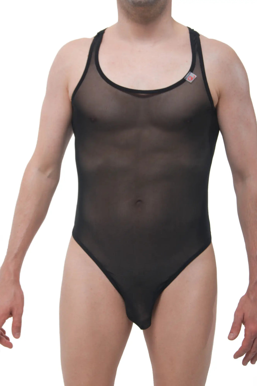 Petitq bodystring net black sheer mesh one-piece swimsuit with black trim and small red logo on upper left shoulder