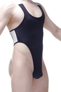 Black one-piece PetitQ bodysuit Aibre Plum with a white side panel designed for stylish swimwear use