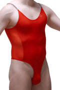 Petitq bodysuit bevans red one-piece swimsuit with silver chain straps and small red logo on the chest