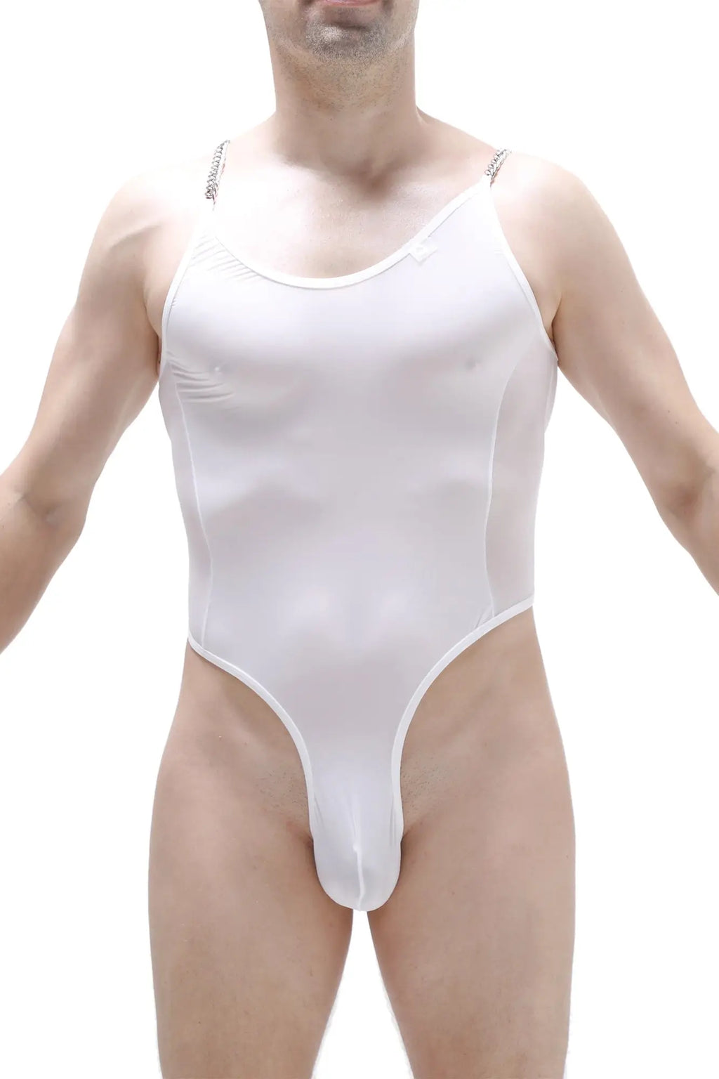 Petitq bodysuit bevans white form-fitting one-piece with thin shoulder straps and high-cut leg opening