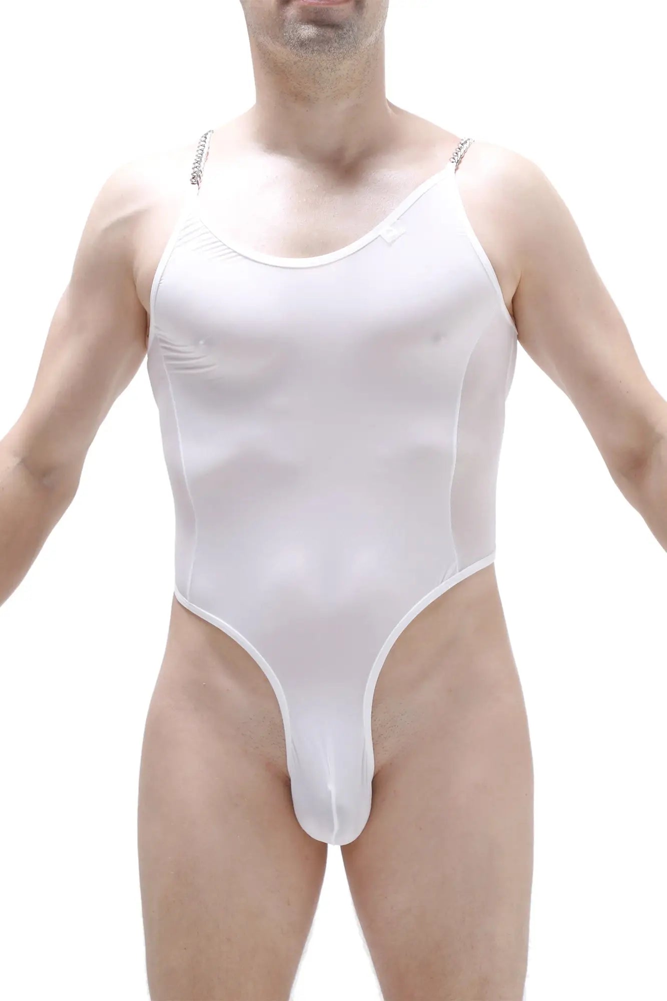 Petitq bodysuit bevans white form-fitting one-piece with thin shoulder straps and high-cut leg opening