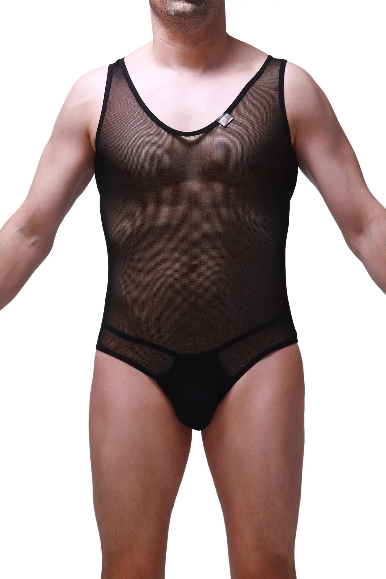 Petitq bodysuit bolver black sheer mesh one-piece swimsuit with black trim and small chest logo