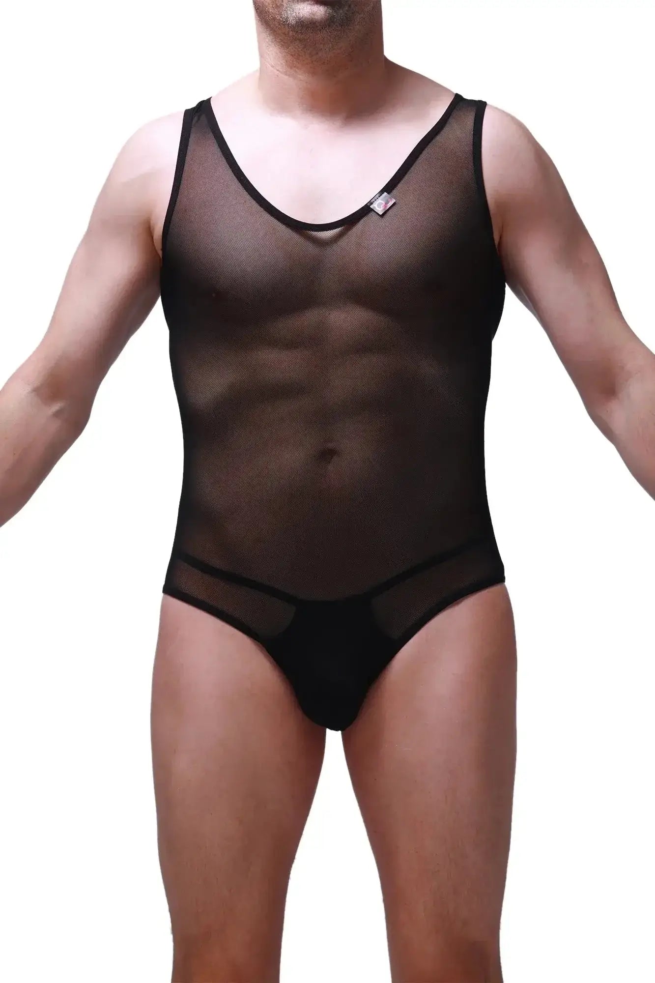 Petitq bodysuit bolver black sheer mesh one-piece swimsuit with black trim and small chest logo