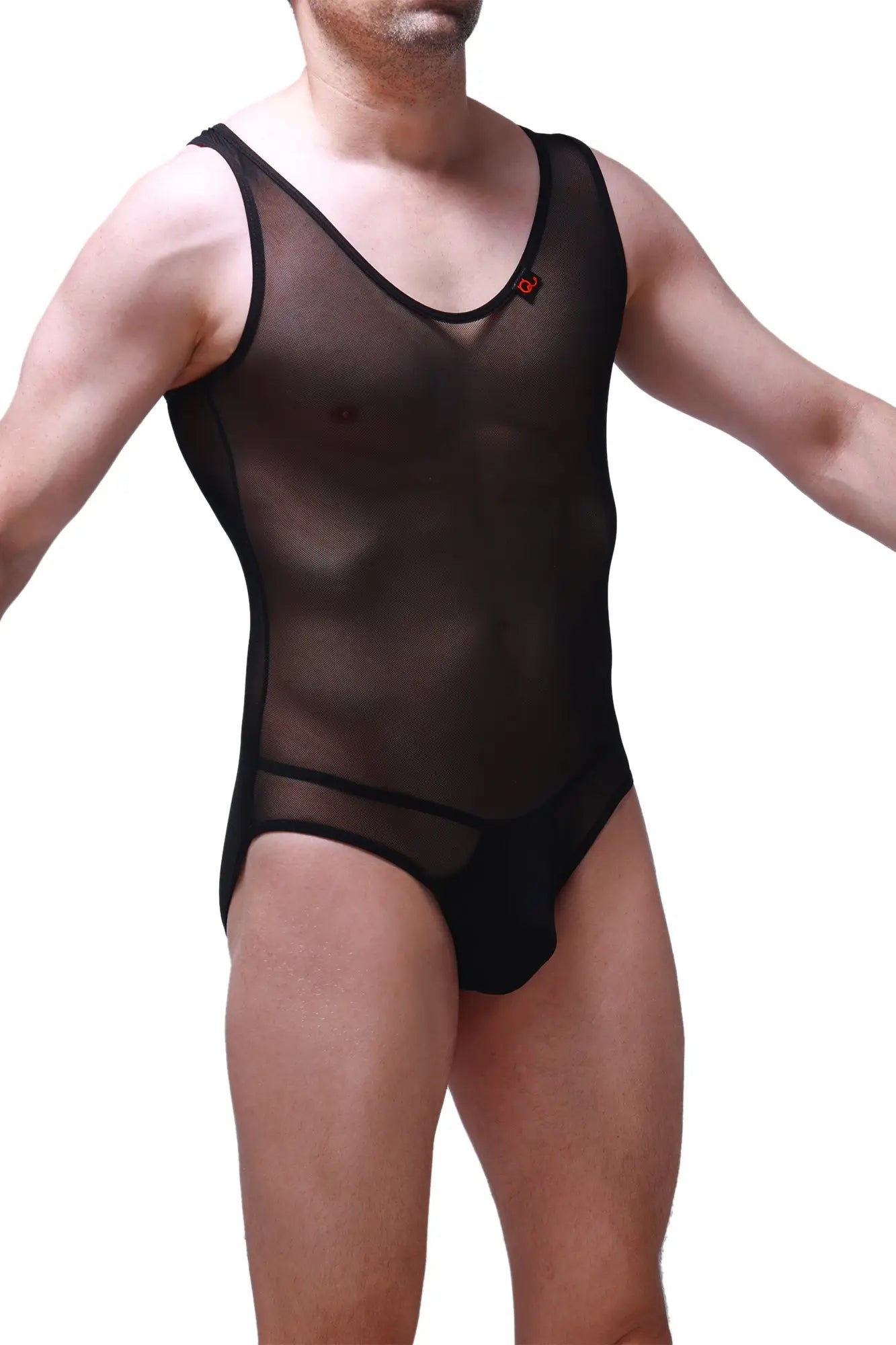 PetitQ bodysuit Bolver black sheer mesh tank top with black trim and small red logo on chest