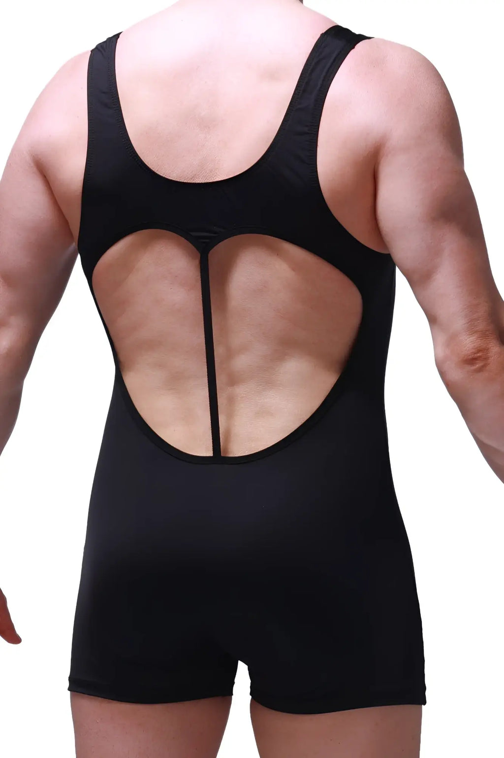Black form-fitting PetitQ bodysuit boxer Linthal with a distinctive cutout back design in athletic fabric