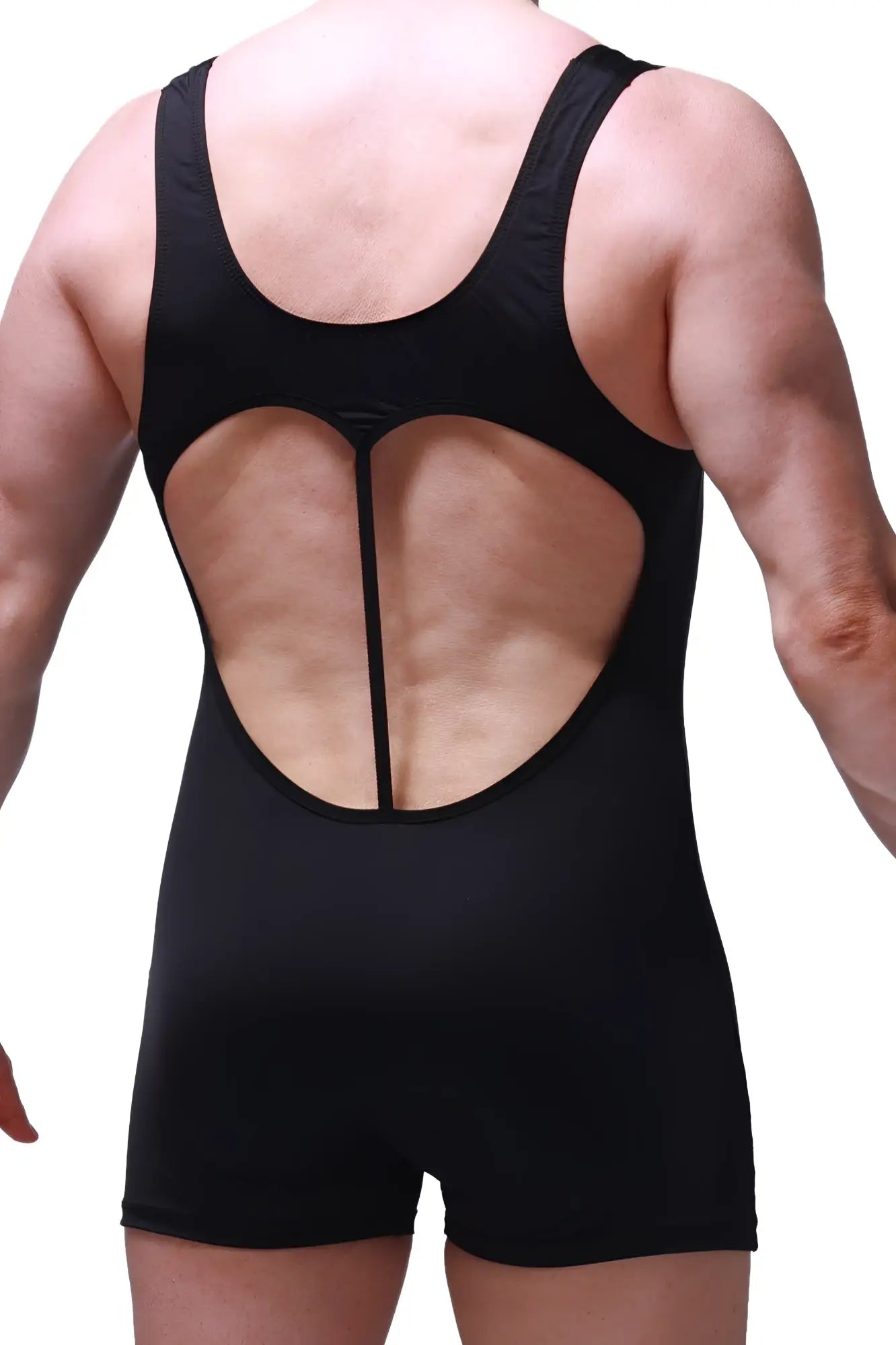 Black form-fitting PetitQ bodysuit boxer Linthal with a distinctive cutout back design in athletic fabric