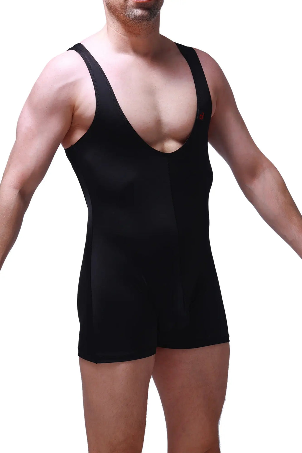 Black sleeveless athletic one-piece with deep v-neckline and fitted design from petitq bodysuit boxer linthal
