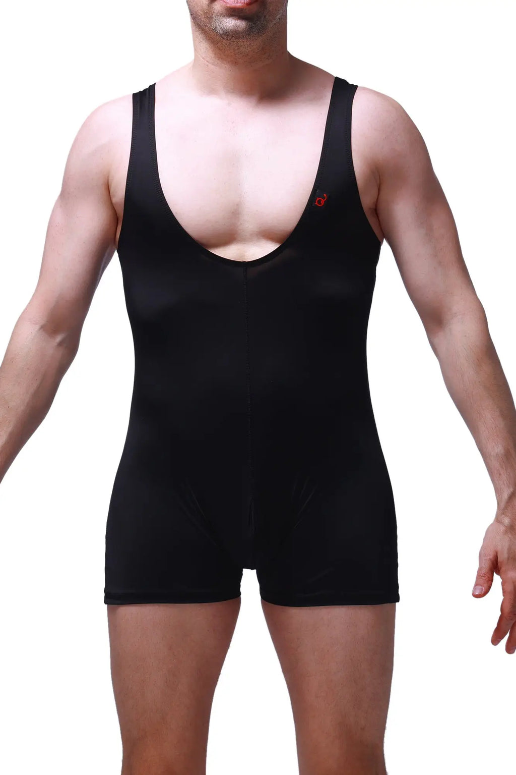 Black sleeveless one-piece athletic bodysuit with deep scoop neckline and snug fit petitq bodysuit boxer linthal
