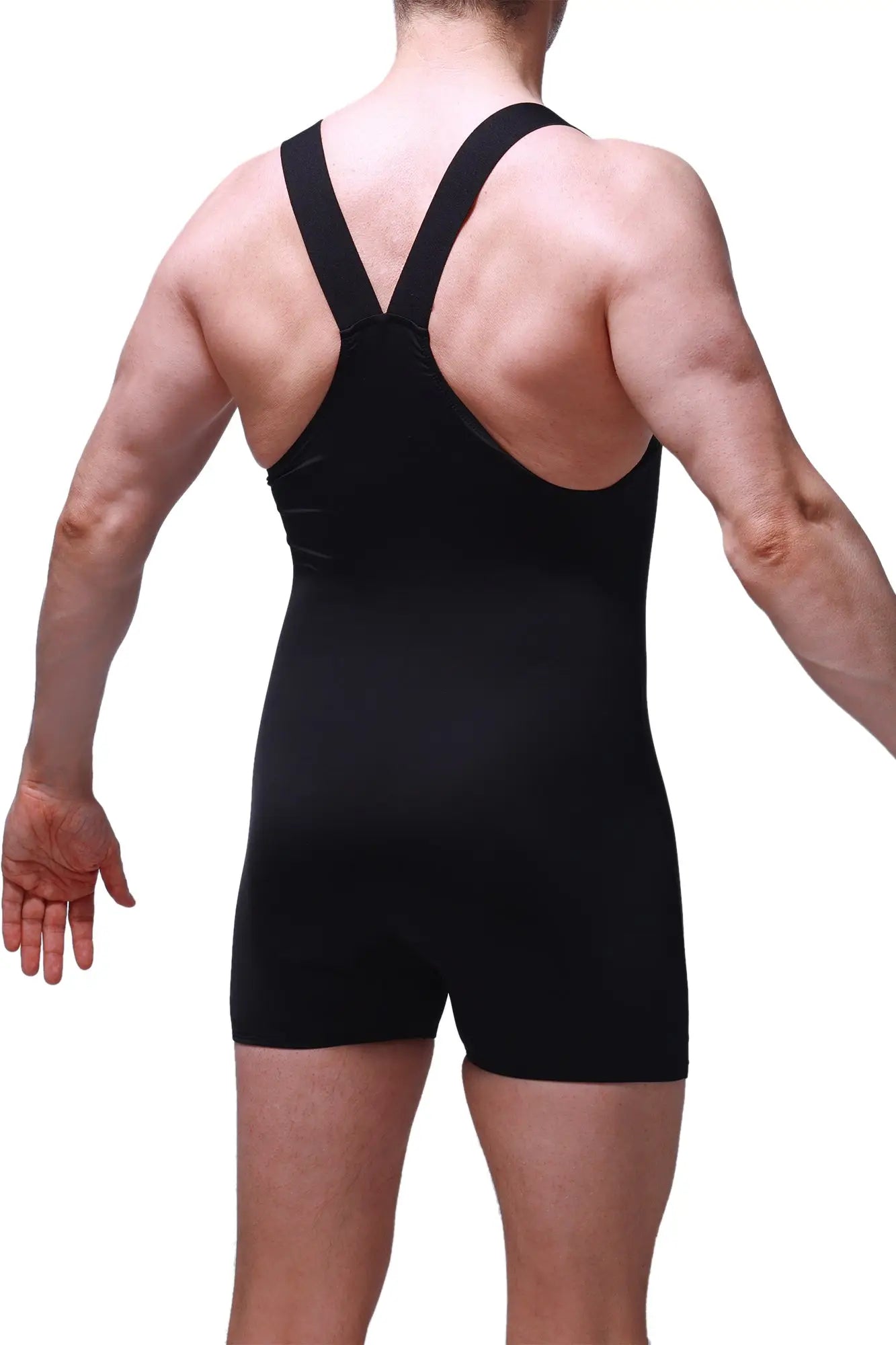 Petitq bodysuit boxer ondel black showing back side of a black form-fitting one-piece athletic suit with wide straps and backless design