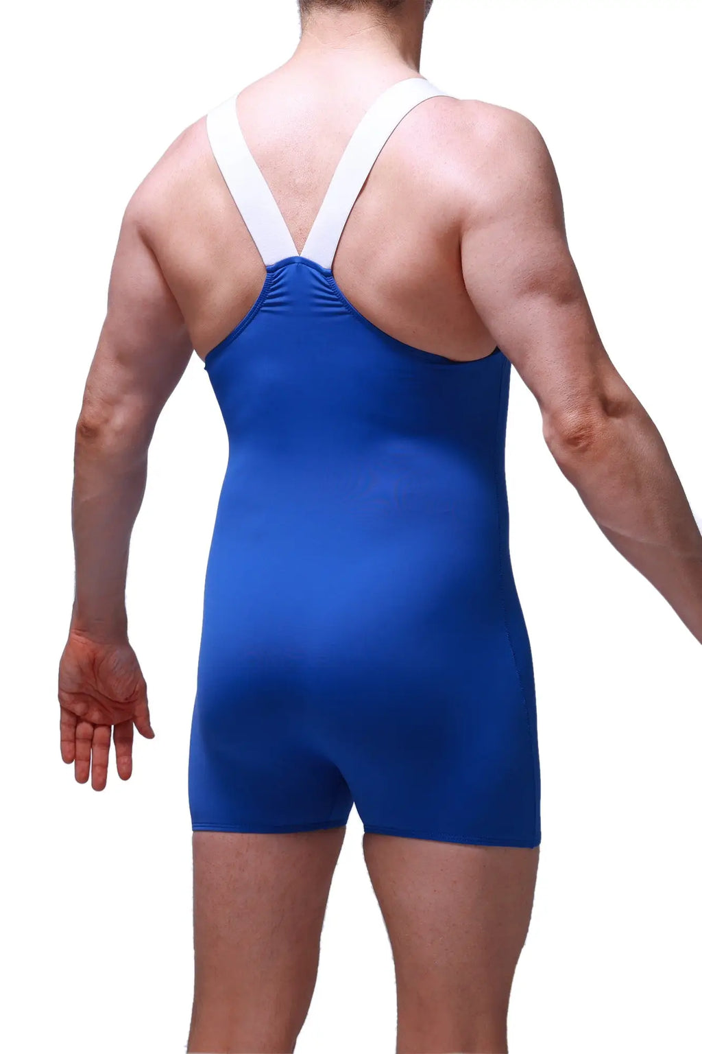 Blue athletic singlet with white cross-back straps shown from the back in petitq bodysuit boxer ondel blue design