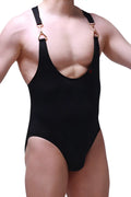Black one-piece bodysuit brief tanos with adjustable shoulder straps and rose gold triangular metal clasps by petitq