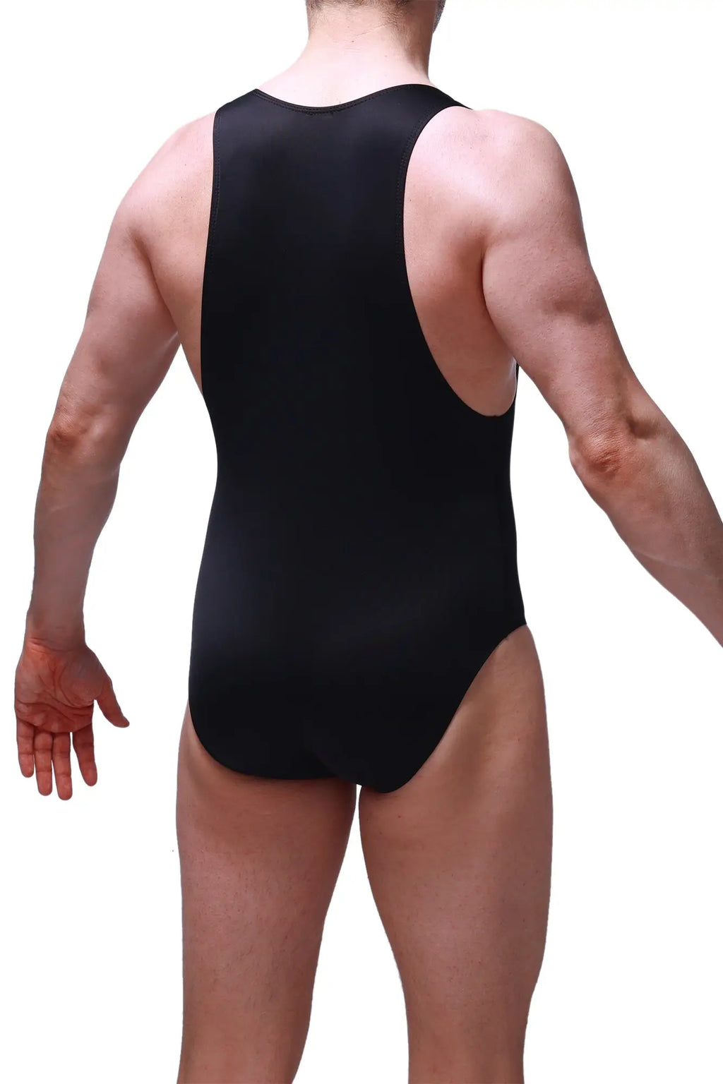 Black sleeveless one-piece swimsuit petitq bodysuit brief tanos with high-cut leg and racerback style shown from the back