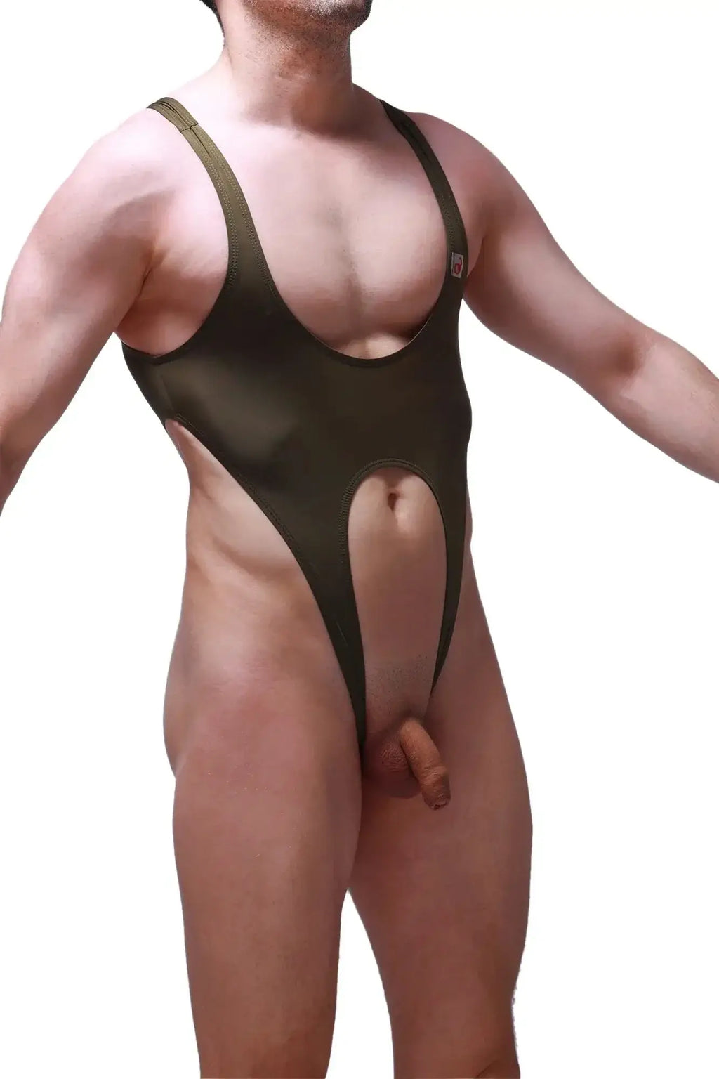 Olive green petitq bodysuit caussol one-piece swimsuit with cutout design and smooth fabric front view