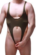 Olive green petitq bodysuit caussol one-piece swimsuit with midsection cutout and thin shoulder straps