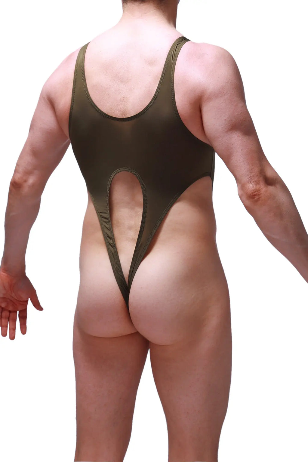 Olive green petitq bodysuit caussol one-piece swimsuit with high-cut leg and back cutout design shown from back