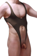 A sleek dark brown petitq bodysuit caussol plum olive one-piece swimsuit with cutout design and thin straps