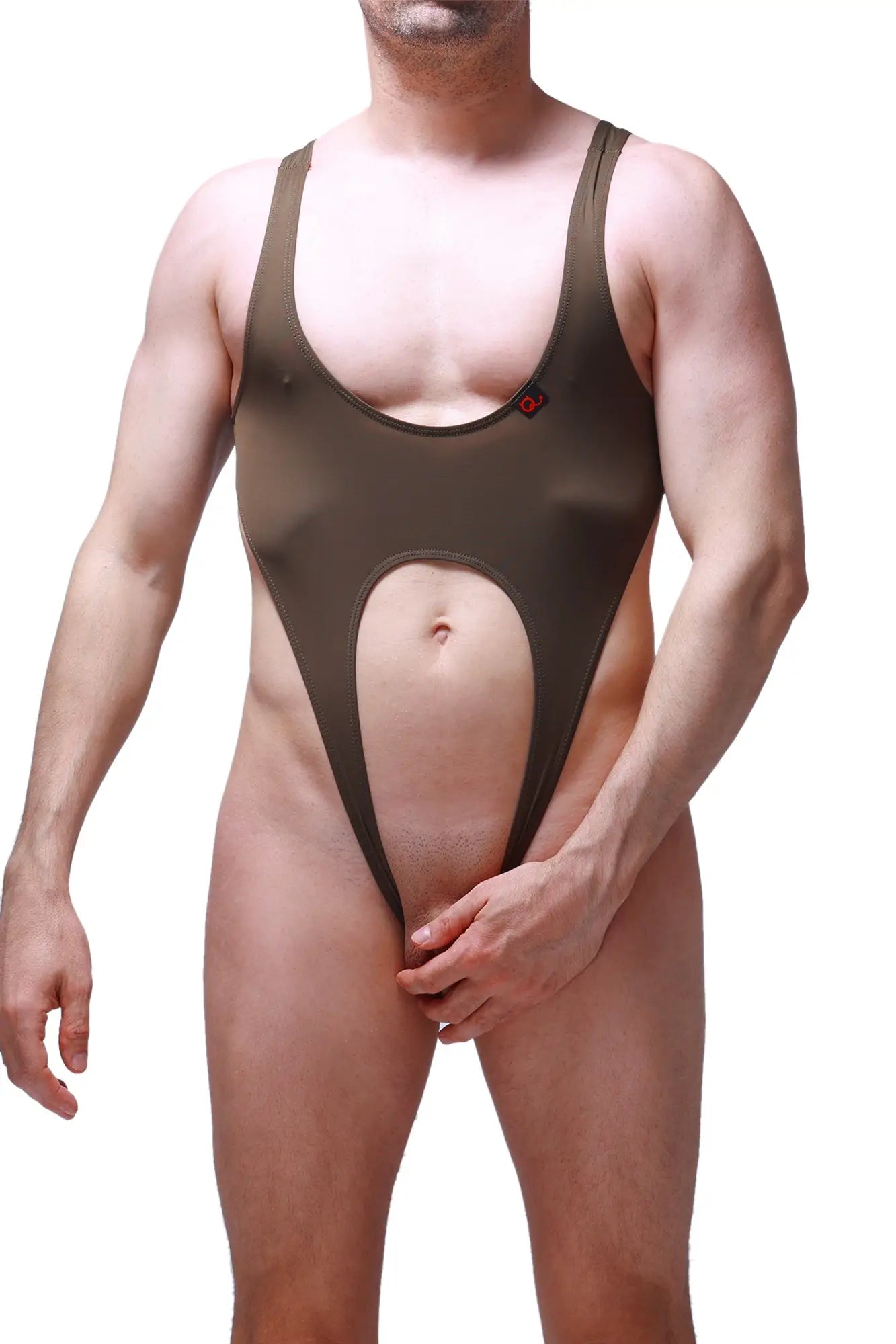 PetitQ Bodysuit Caussol plum olive sleek olive-green one-piece swimsuit with plunging neckline and open-back design