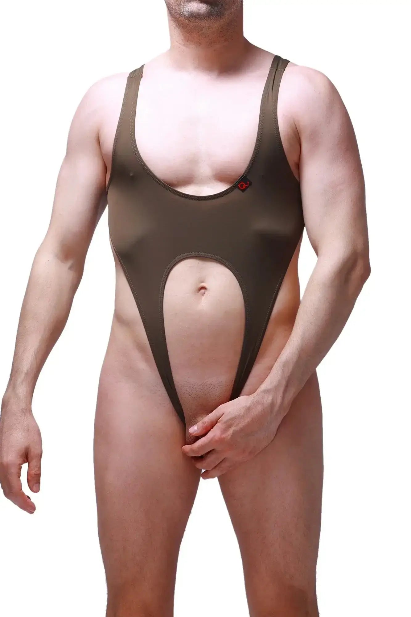 PetitQ Bodysuit Caussol plum olive sleek olive-green one-piece swimsuit with plunging neckline and open-back design