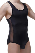 Black one-piece PetitQ bodysuit Herly with sheer mesh side panels made of lightweight breathable fabric