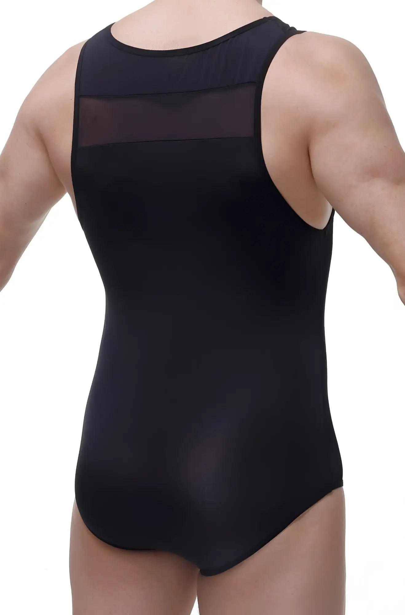 Back view of petitq bodysuit herly black sleeveless leotard with sheer mesh panel across the upper back