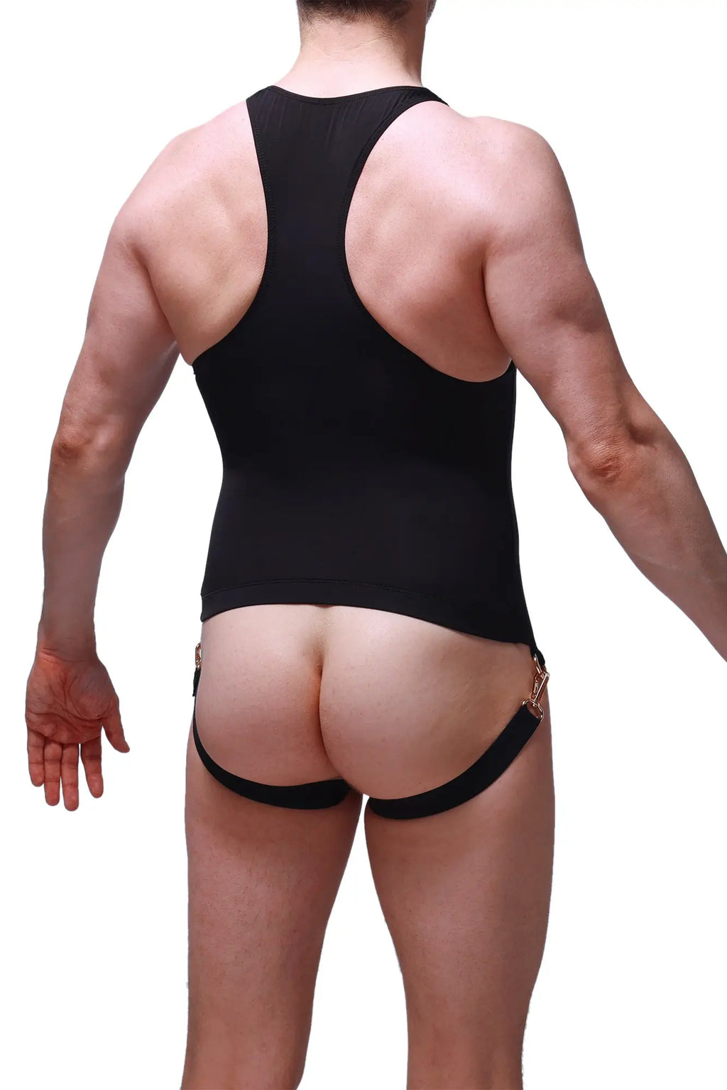 Black athletic-style one-piece bodysuit with racerback and gold-toned hardware by PetitQ in plum black