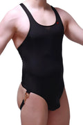 Black one-piece PetitQ bodysuit jockstrap with sheer mesh neckline panel and gold-tone hardware on the side