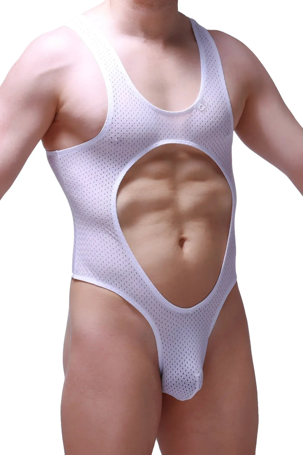 White mesh one-piece swimsuit petitq bodysuit lerzy bee with a large central cutout