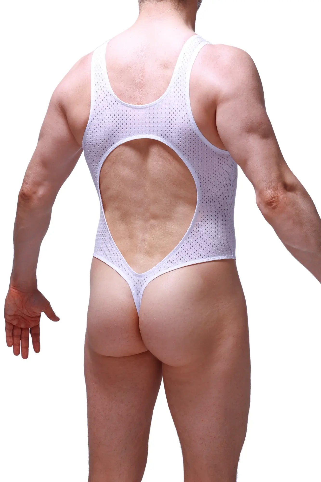 White mesh one-piece swimsuit back view with large circular cutout petitq bodysuit lerzy bee white