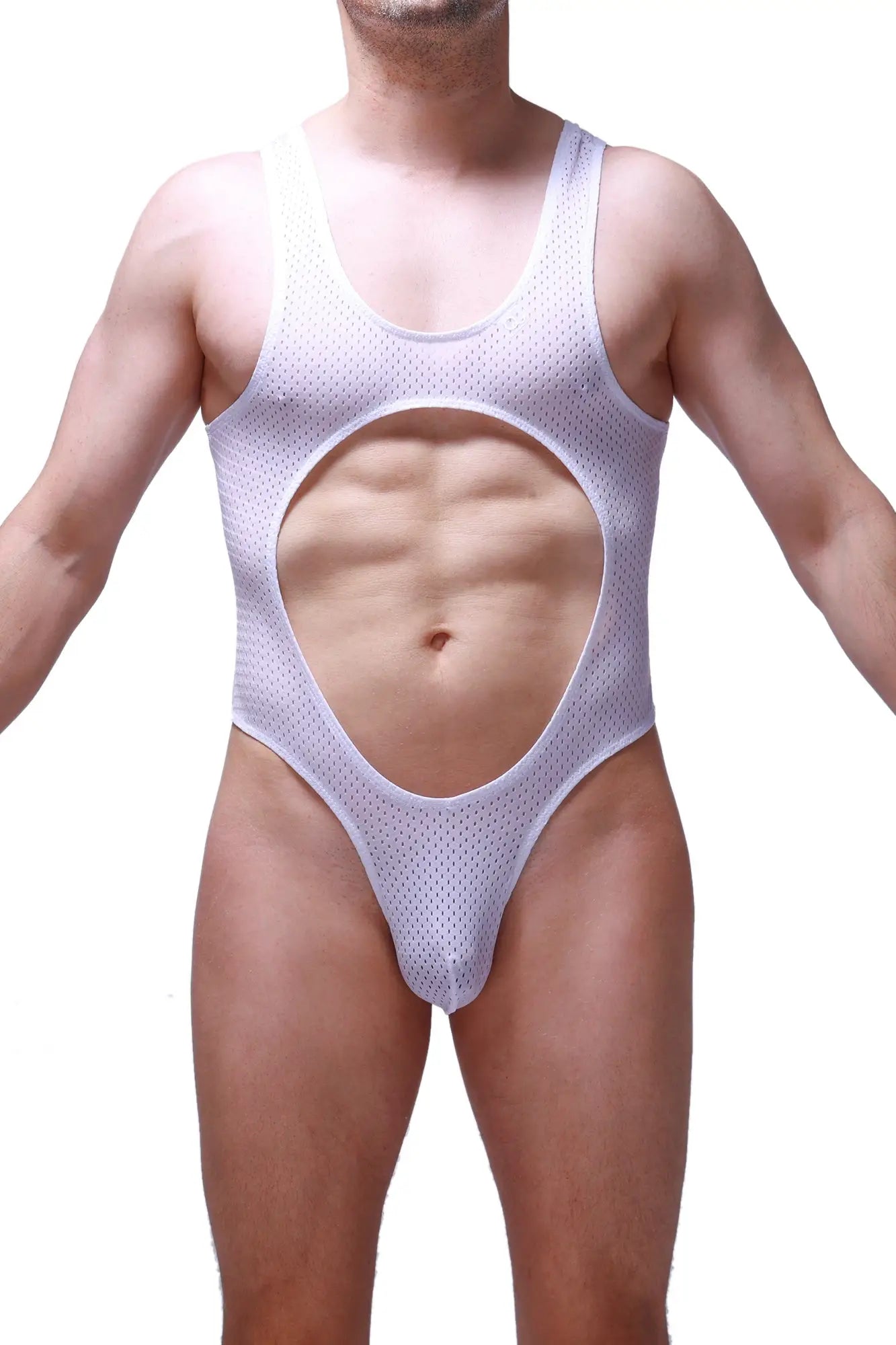 White mesh one-piece swimsuit petitq bodysuit lerzy bee white with a large circular cutout at the center