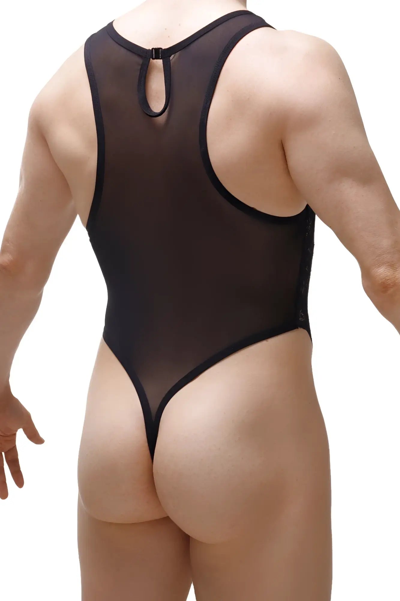 Back view of petitq bodysuit murol black sheer mesh one-piece swimsuit with back clasp and high-cut leg openings