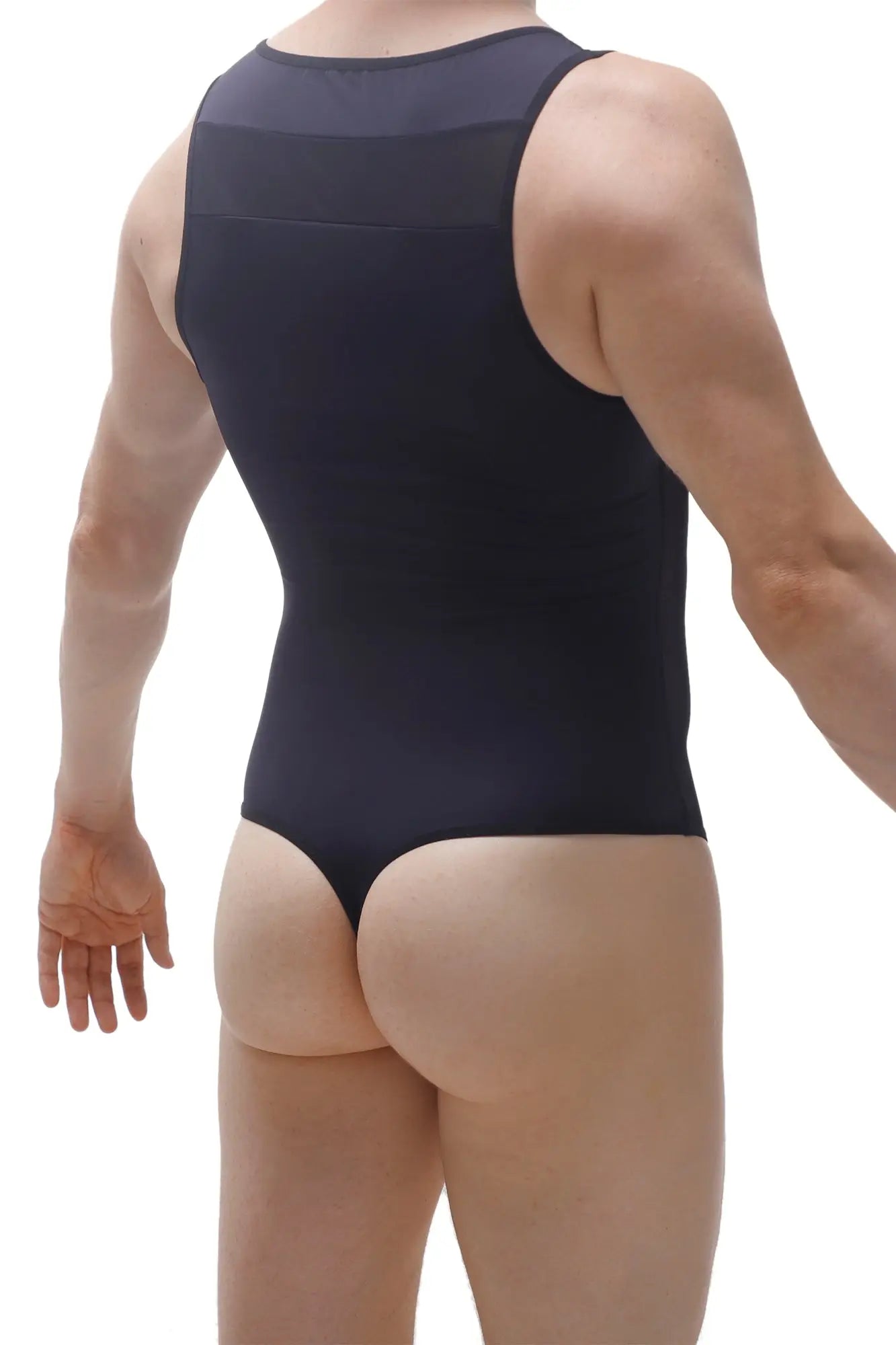Black sleeveless form-fitting PetitQ bodysuit raix with a mesh panel across the upper back shown from the back side