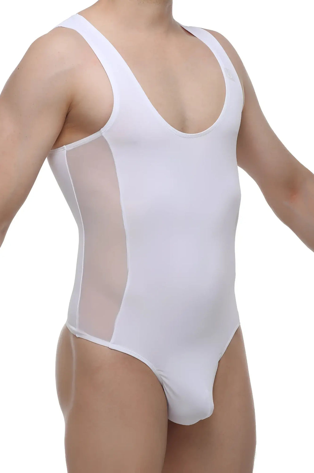 Petitq bodysuit raix white one-piece swimsuit with sheer mesh side panels in white fabric