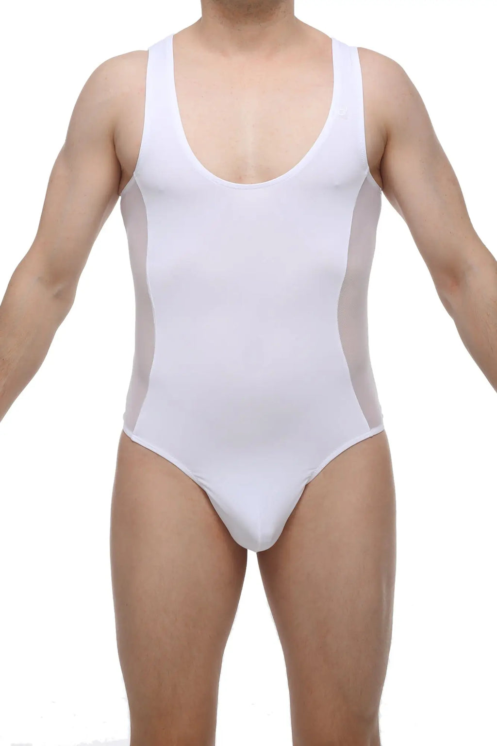 White petitq bodysuit raix one-piece swimsuit with sheer side panels made of lightweight fabric