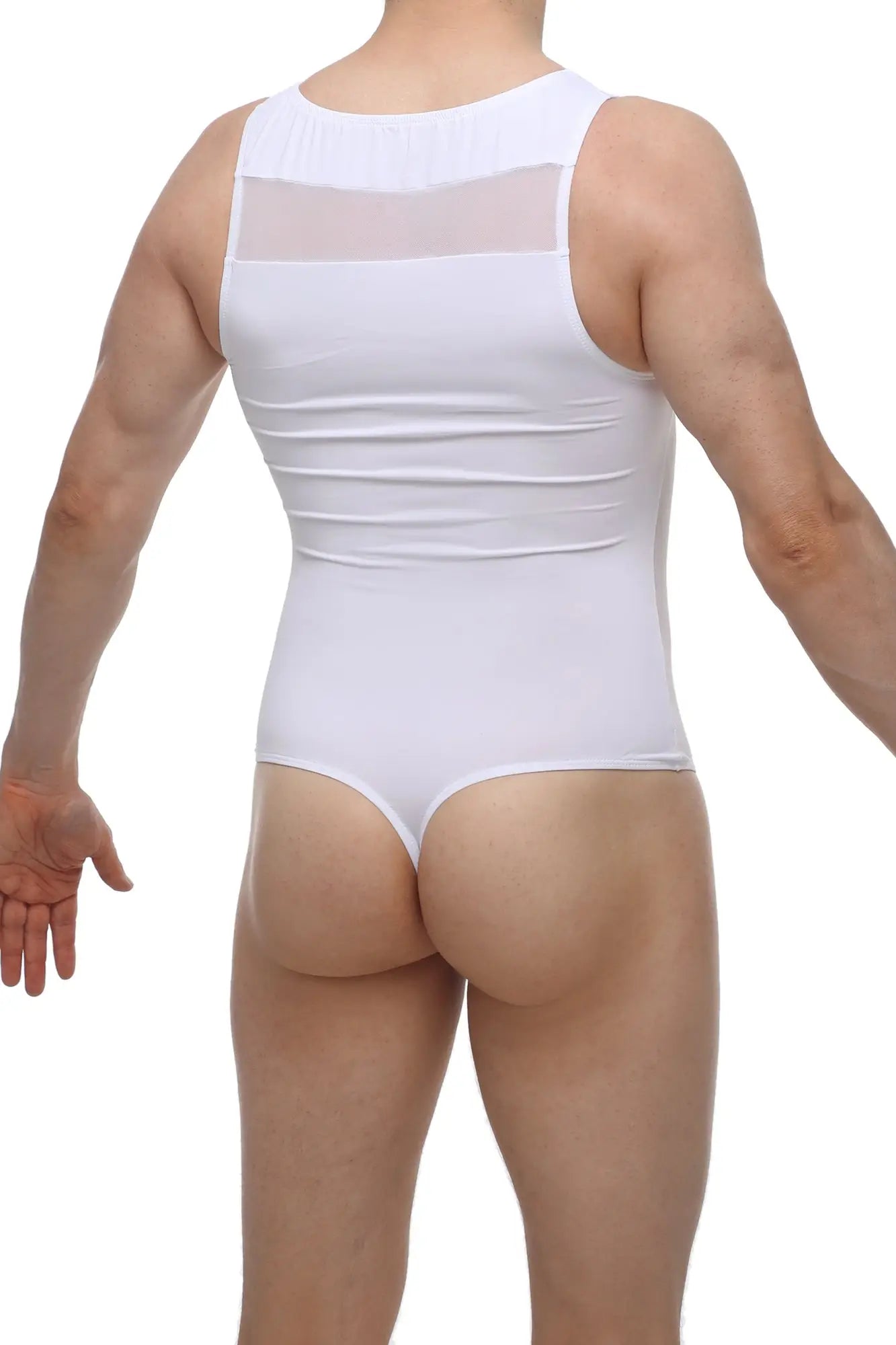 Petitq bodysuit raix white sleeveless form-fitting bodysuit with sheer mesh panel on the upper back shown from the back side