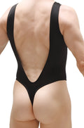 Back view of petitq bodysuit soyons joe black one-piece swimsuit with deep v-back and thong-style bottom