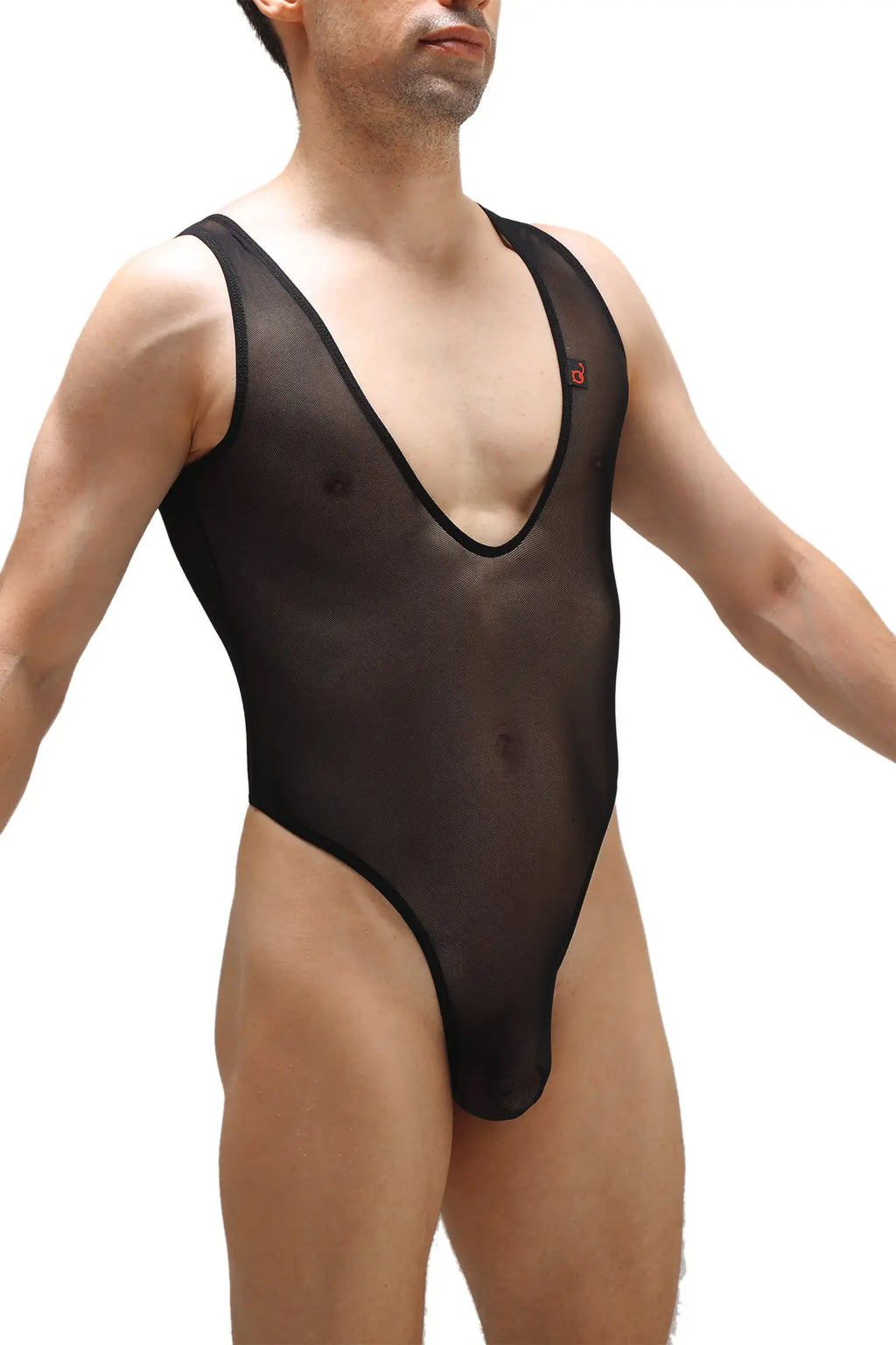 Black sheer mesh one-piece swimsuit with black trim and red logo petiteq bodysuit soyons net black