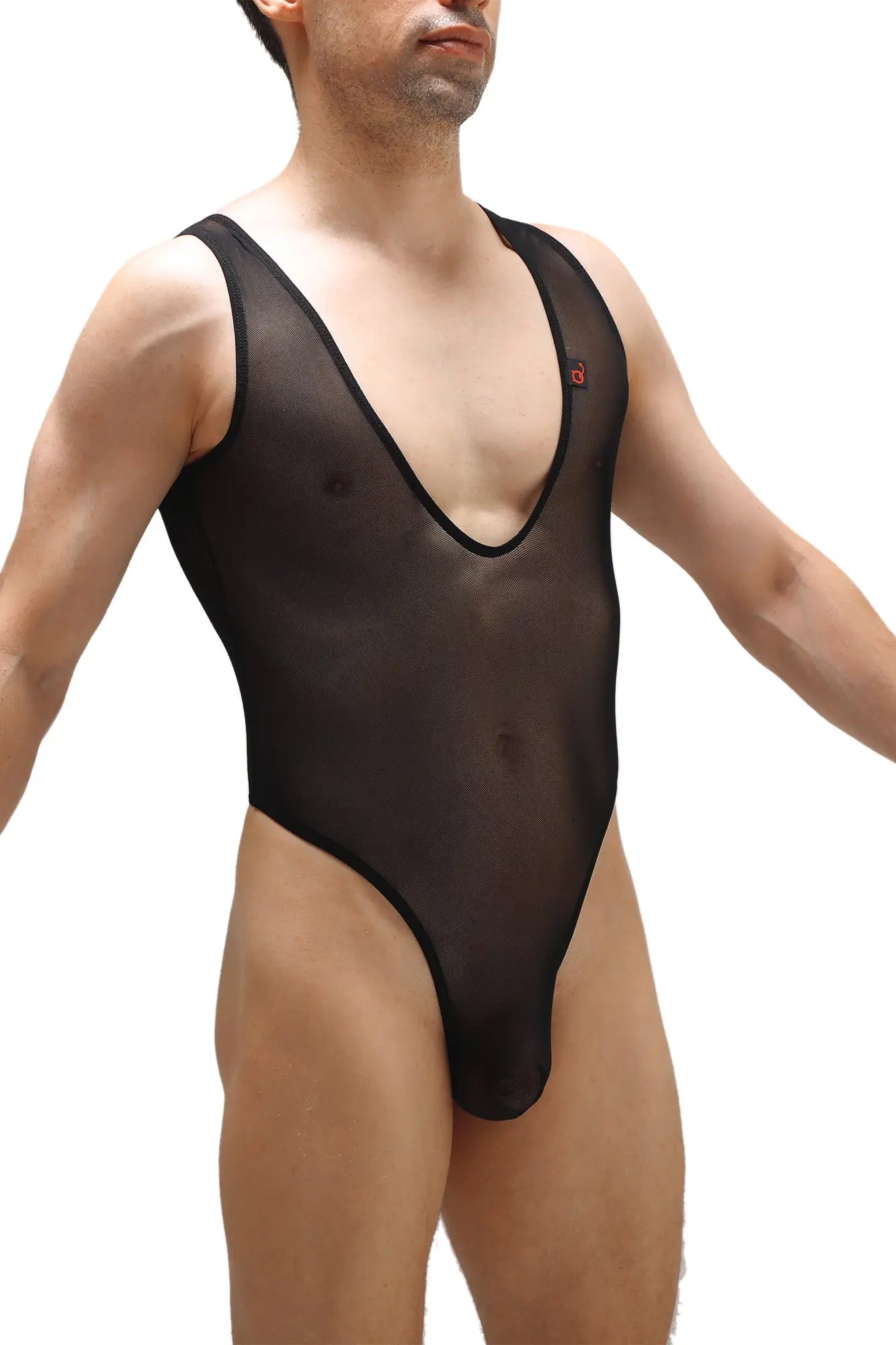 Black sheer mesh one-piece swimsuit with black trim and red logo petiteq bodysuit soyons net black