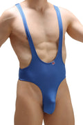 Blue satin one-piece swimsuit with wide shoulder straps and deep cut petitQ bodysuit thong Gonzac Joe blue