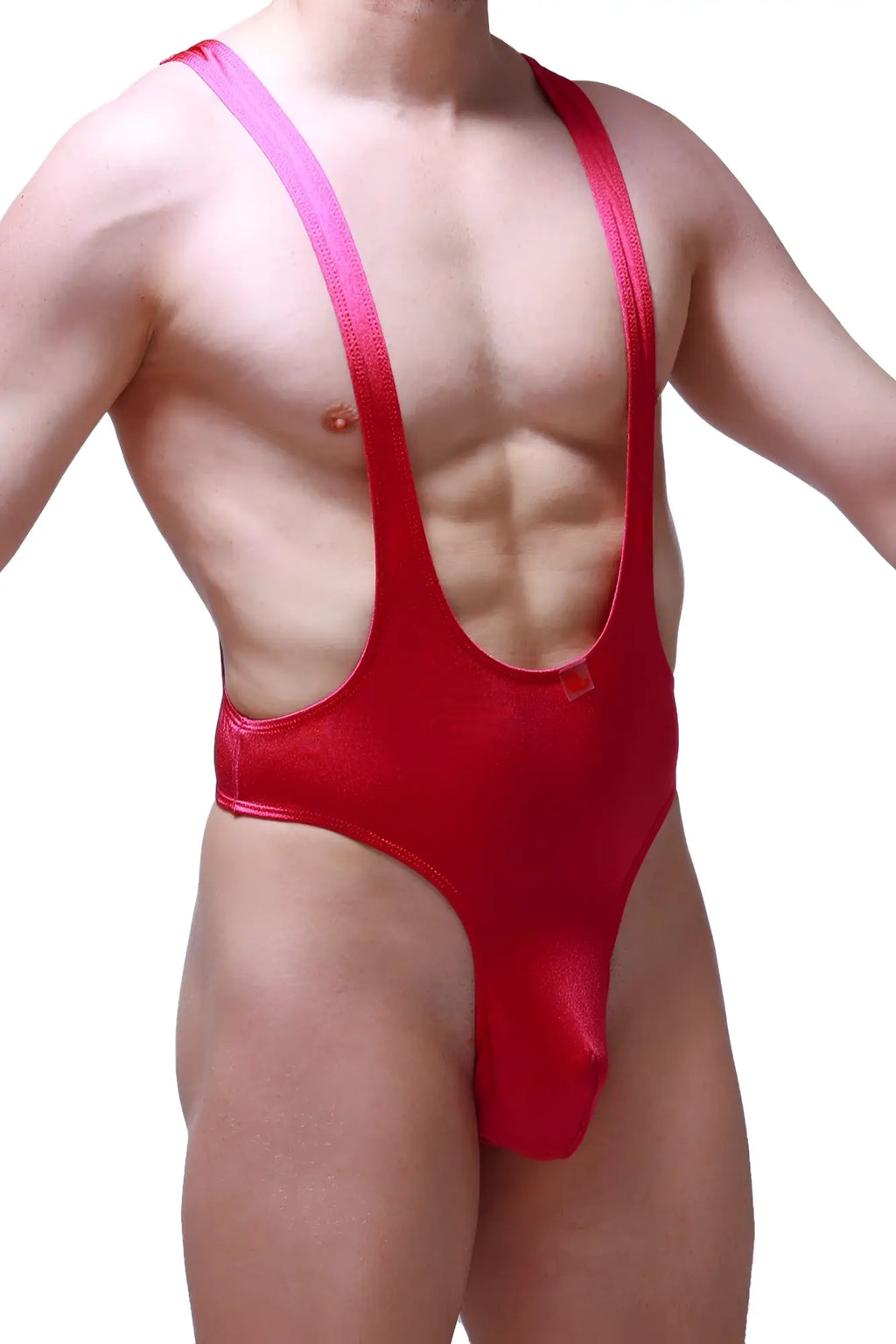 PetitQ bodysuit thong Gonzac Joe Framboise in red metallic one-piece swimsuit with pink shoulder straps front view