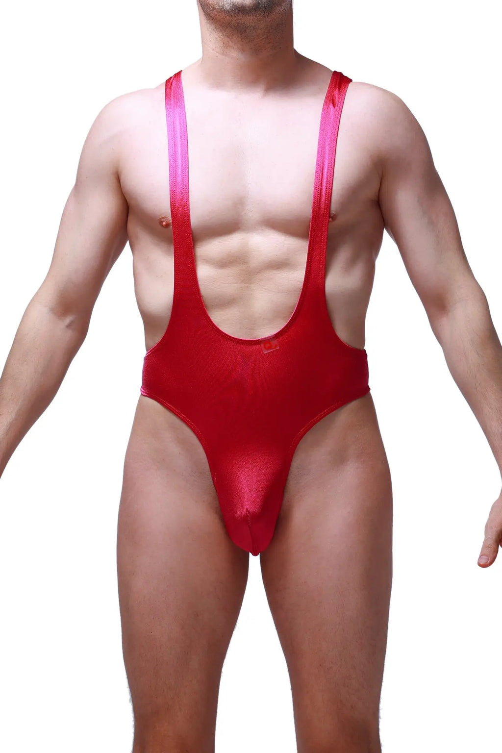 PetitQ bodysuit thong Gonzac Joe Framboise shiny red one-piece swimsuit with wide straps and deep front cutout