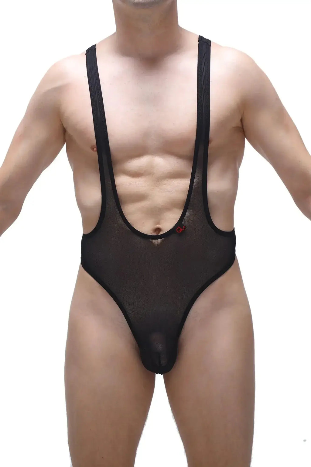 Black sheer mesh one-piece swimsuit with black elastic straps and small red logo on chest.