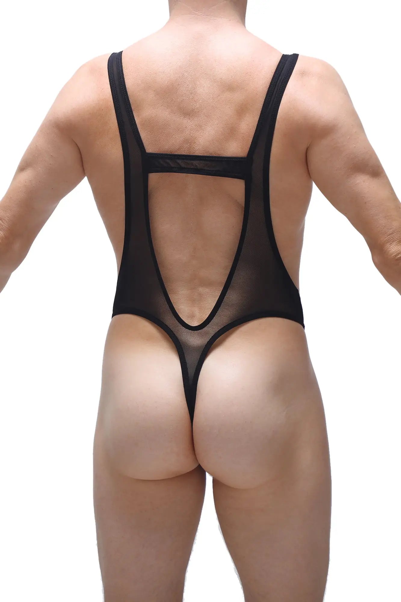 Black sheer mesh one-piece swimsuit with backless design and thin straps petitq bodysuit thong gonsac net black view from back